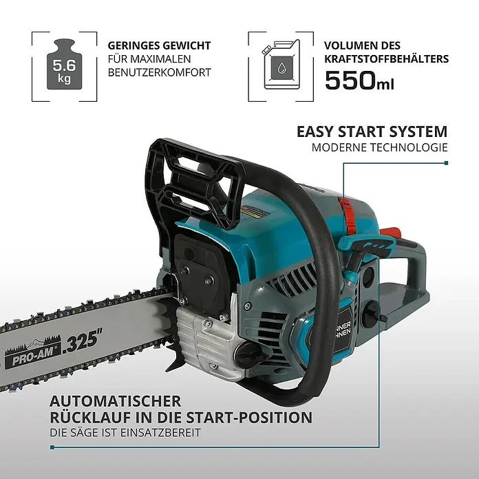 Könner & Söhnen Benzin-Kettensäge KS CS21G-16-1 - 1,6 kW, 45 cm³, Schwertlänge: 40 cm - Nahaufnahme einer blau-grauen Kettensäge mit Produktinformationen zu Gewicht und Tankvolumen.