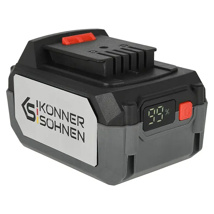 Könner & Söhnen Akku KS 20V4-1 - 20 V, 4 Ah, Li-Ionen - Akku von Könner & Söhnen mit Ladestandsanzeige, der 99% anzeigt. Der Akku ist schwarz mit grauen Akzenten und rotem Knopf.