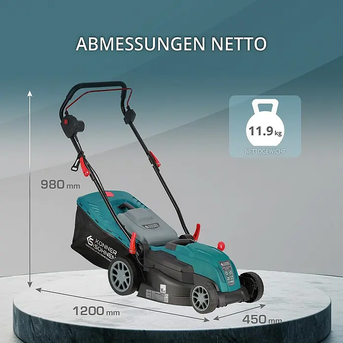 Könner & Söhnen Elektro-Rasenmäher KS 38LM - 1.400 W - Abbildung eines Akku-Rasenmähers. Die Abmessungen sind 980 mm Höhe, 1200 mm Länge und 450 mm Breite. Das Nettogewicht beträgt 11,9 kg.