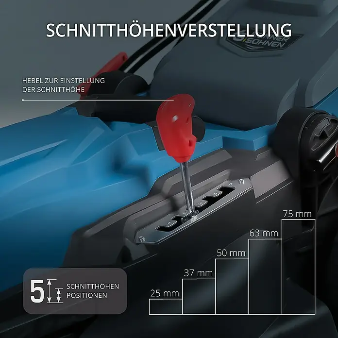 Könner & Söhnen Elektro-Rasenmäher KS 38LM - 1.400 W - Nahaufnahme der Schnitthöhenverstellung eines Rasenmähers, die 5 verschiedene Positionen von 25 mm bis 75 mm zeigt.