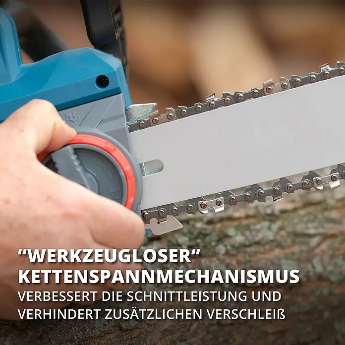 Könner & Söhnen Elektro-Kettensäge KS CS2400-18 - 2.400 W, Schwertlänge: 45 cm - Nahaufnahme einer Akku-Kettensäge, die "werkzeugloser" Kettenspannmechanismus wird gezeigt.
