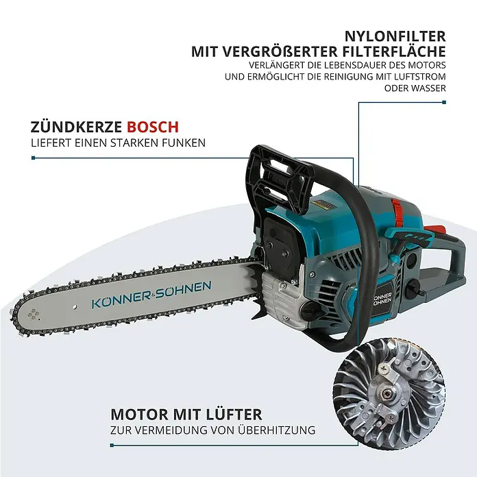 Könner & Söhnen Benzin-Kettensäge KS CS21G-16 - 1,6 kW, 45 cm³, Schwertlänge: 40 cm - Bild einer Kettensäge der Marke Könner & Söhnen mit Nylonfilter, Bosch Zündkerze und einem Motor mit Lüfter zur Vermeidung von Überhitzung.