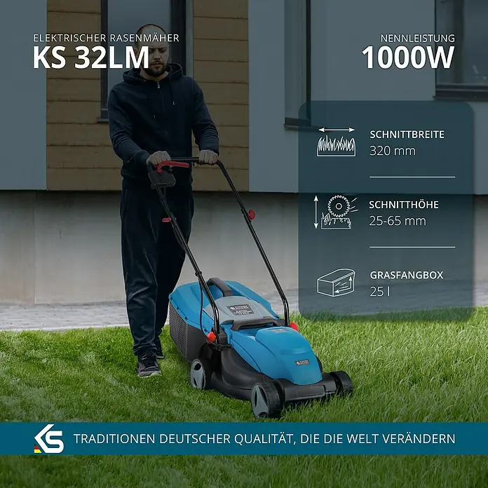 Könner & Söhnen Elektro-Rasenmäher KS 32LM - 1.000 W, Schnittbreite: 32 cm - Ein Mann mäht den Rasen mit dem blauen KS 32LM Elektromäher, der eine Nennleistung von 1000W und eine Schnittbreite von 320mm hat.