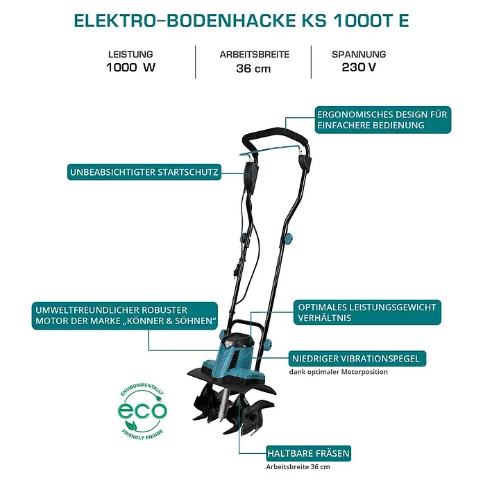 Könner & Söhnen Elektro-Bodenhacke KS 1000T E - Leistung: 1.000 W, Arbeitsbreite: 36 cm, Arbeitstiefe: 22 cm - Detailansicht einer Gartenfräse mit umweltfreundlichem Motor, ergonomischem Design und haltbaren Fräsen für optimale Leistung.