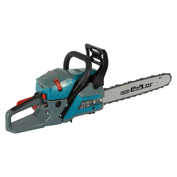 Könner & Söhnen Benzin-Kettensäge KS CS21G-16-1 - 1,6 kW, 45 cm³, Schwertlänge: 40 cm - Abbildung einer Kettensäge, die sich ideal zum Schneiden von Holz eignet und mit einer langlebigen Kette für effiziente Schnitte ausgestattet ist.