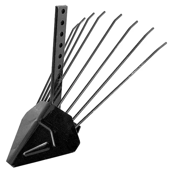 Könner & Söhnen Kartoffelpflug KS PP4 - Passend für: Bodenhacke KS 7HP-850A, KS 7HP-950A, KS 7HP-950S, KS 7HP-1050G und KS 9HP-1350G-3 - Nahaufnahme eines schwarzen Köders mit mehreren Drähten, der zum Angeln verwendet wird, auf dunklem Hintergrund.