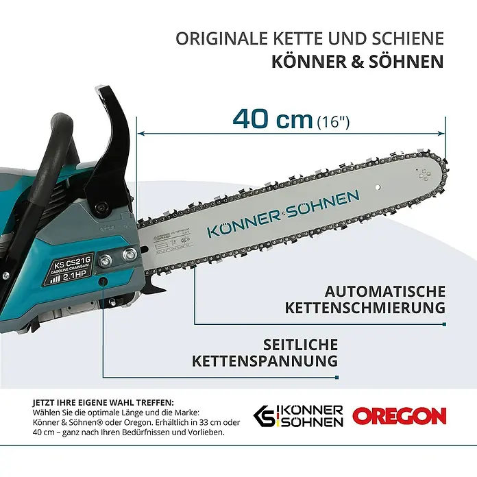 Könner & Söhnen Benzin-Kettensäge KS CS21G-16 - 1,6 kW, 45 cm³, Schwertlänge: 40 cm - Kettensäge KS CS21G von Könner & Söhnen mit 40 cm Schwertlänge und automatischer Kettenschmierung für optimale Schnittergebnisse.