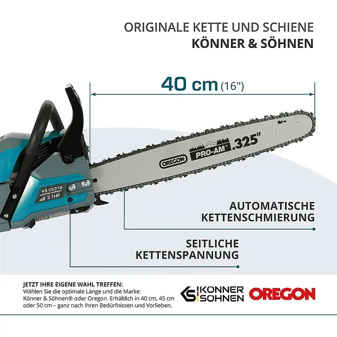 Könner & Söhnen Benzin-Kettensäge KS CS31G-16-1 - 2,3 kW, 54,5 cm³, Schwertlänge: 40 cm - Abbildung einer KS CS31G Kettensäge von Könner & Söhnen mit einer 40 cm langen Oregon-Kette und -Schiene.