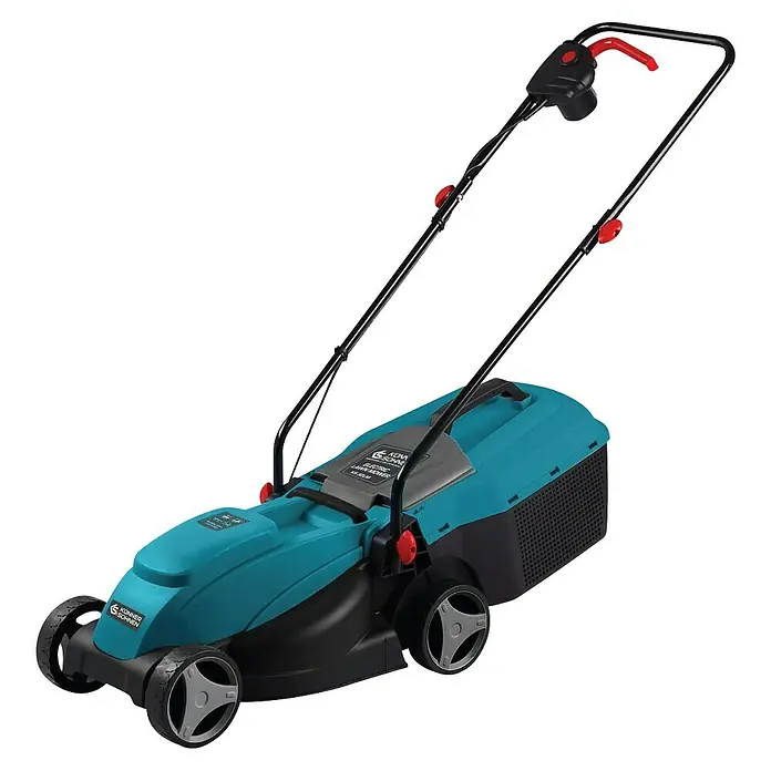 Könner & Söhnen Elektro-Rasenmäher KS 32LM - 1.000 W, Schnittbreite: 32 cm - Ein blauer Konner & Sohnen Rasenmäher mit roten Akzenten vor einem schwarzen Hintergrund. Für präzise Rasenpflege konzipiert.