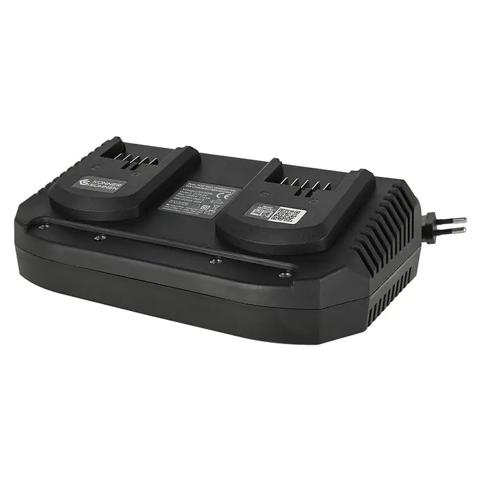 Könner & Söhnen Dual-Ladegerät KS C35A-2 - Schwarz, Passend für: Alle Könner & Söhnen® 20V-Akkus - Abbildung eines Konner & Sohnen Dual Port Schnellladegeräts für 20V Lithium Batterien, ideal zum schnellen Laden.