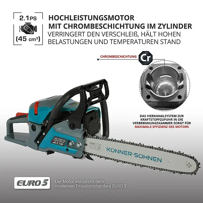 Könner & Söhnen Benzin-Kettensäge KS CS21G-16 - 1,6 kW, 45 cm³, Schwertlänge: 40 cm - Abbildung einer Kettensäge mit einem 2,1 PS Hochleistungsmotor und Chrombeschichtung.