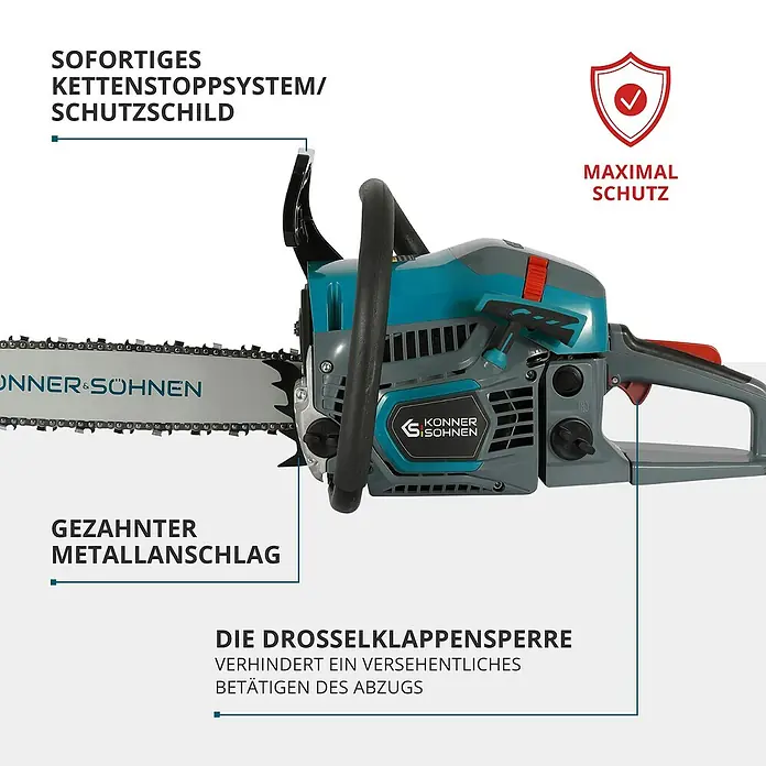 Könner & Söhnen Benzin-Kettensäge KS CS21G-16 - 1,6 kW, 45 cm³, Schwertlänge: 40 cm - Abbildung einer Kettensäge von „Könner & Söhnen“ mit Erläuterungen zu den Sicherheitsmerkmalen wie Kettenstoppsystem und Drosselklappensperre.