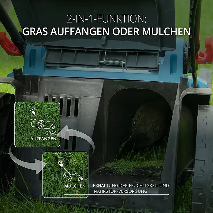 Könner & Söhnen Akku-Rasenmäher KS 33LM - 20 V, Ohne Akku, Schnittbreite: 33 cm - Rasenmäher mit 2-in-1-Funktion: Gras auffangen oder mulchen. Die Mulchfunktion erhält Feuchtigkeit und Nährstoffe.