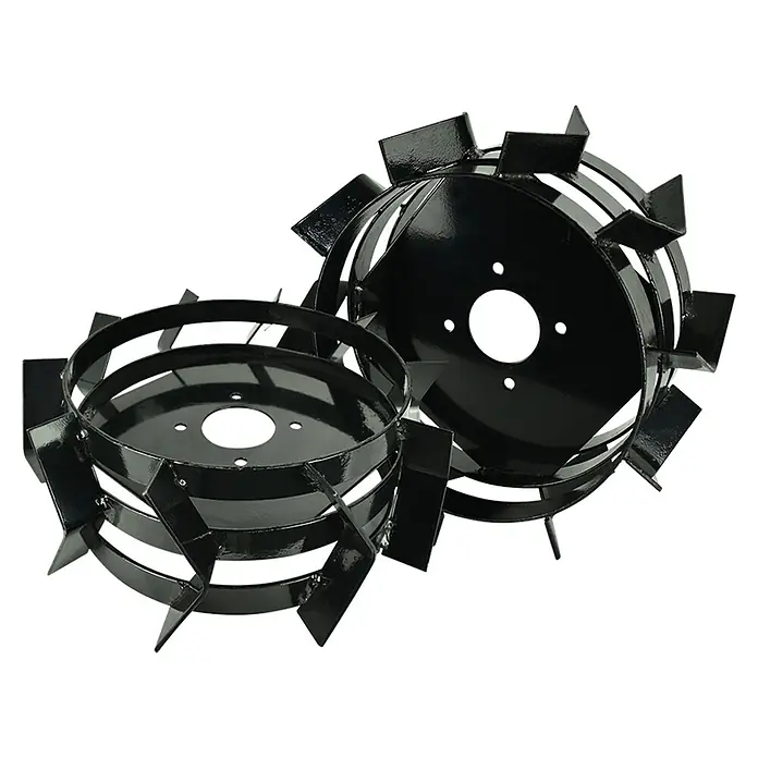 Könner & Söhnen Stahlrad für Motorhacke KS MW40 - 2 Stk., Passend für: Bodenhacke KS 7HP-850A, KS 7HP-950A, KS 7HP-950S, KS 7HP-1050G und KS 9HP-1350G-3 - Das Bild zeigt zwei schwarze Gartenfräsenräder mit robusten Metallzinken für effektive Bodenbearbeitung im Gartenbau.