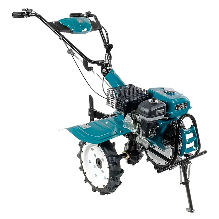 Könner & Söhnen Benzin-Bodenhacke KS 7HP-1050G - 4-Takt, Arbeitsbreite: 108 cm - Das Bild zeigt einen detailreichen, türkisfarbenen Motorhacke, ideal für Gartenarbeiten und Bodenbearbeitung.
