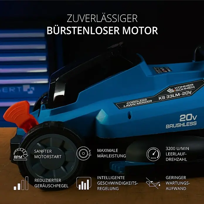 Könner & Söhnen Akku-Rasenmäher KS 33LM - 20 V, Ohne Akku, Schnittbreite: 33 cm - Nahaufnahme eines blauen Akku-Rasenmähers KS 33LM-20V mit Fokus auf bürstenlosen Motor, sanften Motorstart und maximaler Mähleistung.