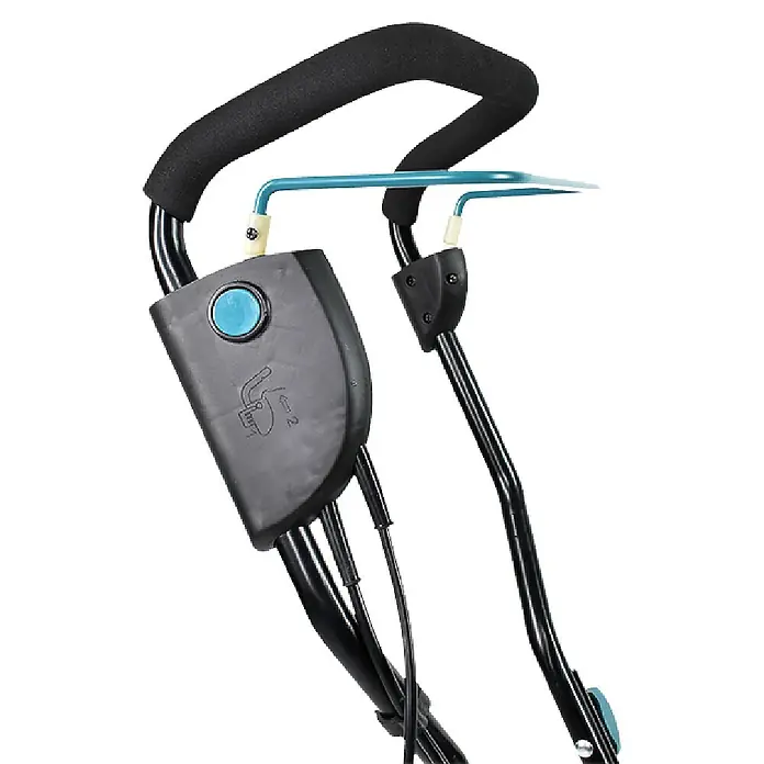 Könner & Söhnen Elektro-Bodenhacke KS 1500T E - Leistung: 1.500 W, Arbeitsbreite: 45 cm, Arbeitstiefe: 22 cm - Detailaufnahme eines Babywippen-Gestells mit schwarzem Polster und blauer Verriegelungstaste.