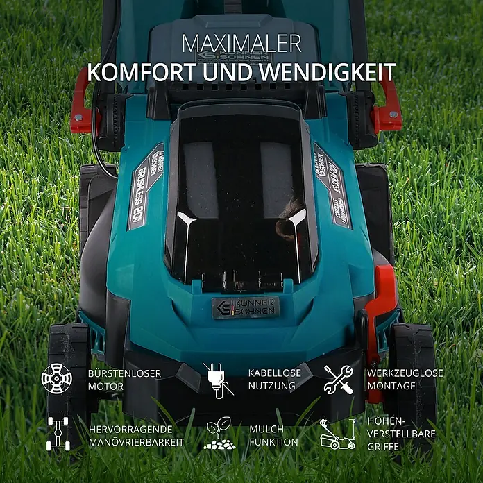 Könner & Söhnen Akku-Rasenmäher KS 33LM - 20 V, Ohne Akku, Schnittbreite: 33 cm - Abbildung eines akkubetriebenen Rasenmähers mit Funktionen wie bürstenloser Motor, Mulchfunktion und werkzeuglose Montage für maximalen Komfort.