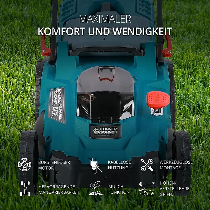 Könner & Söhnen Akku-Rasenmäher KS 43LM - 40 V, Ohne Akku, Schnittbreite: 43 cm - Bild einer Akku-Rasenmähers mit dem Schriftzug "MAXIMALER KOMFORT UND WENDIGKEIT".
