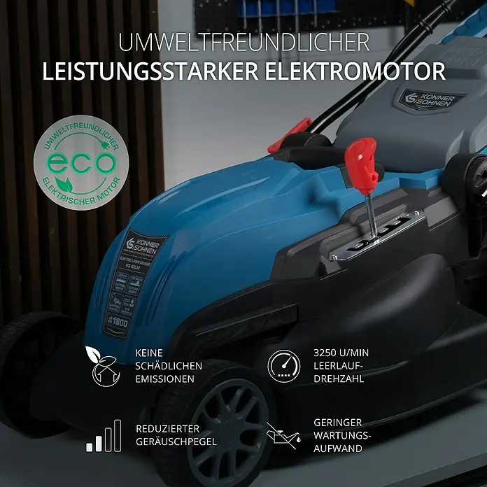 Könner & Söhnen Elektro-Rasenmäher KS 38LM - 1.400 W - Das Bild zeigt einen umweltfreundlichen, leistungsstarken Elektromotor-Rasenmäher von Könner & Söhnen, Modell KS-42LM.