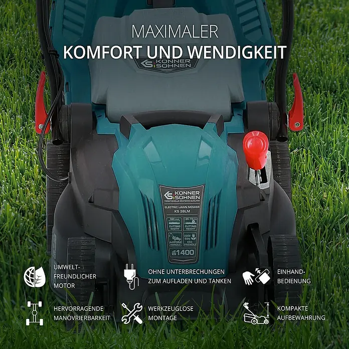 Könner & Söhnen Elektro-Rasenmäher KS 38LM - 1.400 W - Bild einer Konner & Söhnen KS 38LM Elektromäher, der für Komfort und Wendigkeit beim Rasenmähen sorgt.