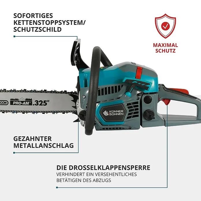 Könner & Söhnen Benzin-Kettensäge KS CS21G-16-1 - 1,6 kW, 45 cm³, Schwertlänge: 40 cm - Die Konner & Söhnen Motorsäge ist mit einem sofortigen Kettenstoppsystem und einem Schutzschild für maximale Sicherheit ausgestattet.