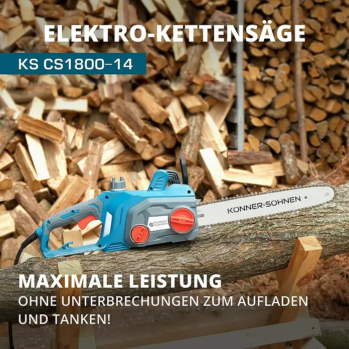 Könner & Söhnen Elektro-Kettensäge KS CS1800-14 - 1.800 W, Schwertlänge: 35 cm - Die KS CS1800-14 Elektro-Kettensäge von Könner & Söhnen bietet maximale Leistung ohne Aufladen. Ideal zum mühelosen Sägen von Holz.