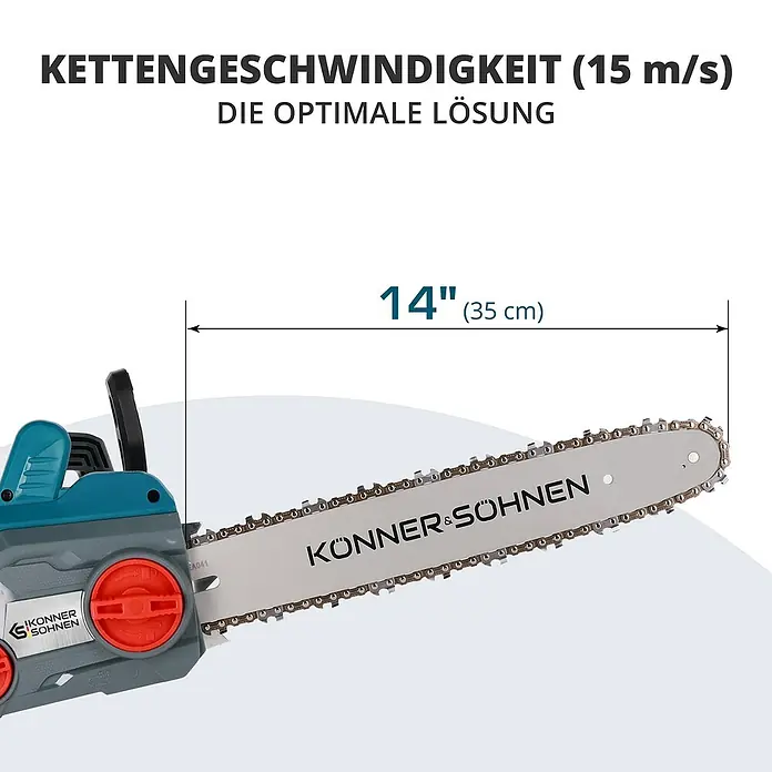 Könner & Söhnen Elektro-Kettensäge KS CS1800-14 - 1.800 W, Schwertlänge: 35 cm - Abbildung einer Kettensäge mit einer Kettengeschwindigkeit von 15 m/s und einer Länge von 35 cm. Die optimale Lösung für Ihre Sägearbeiten.