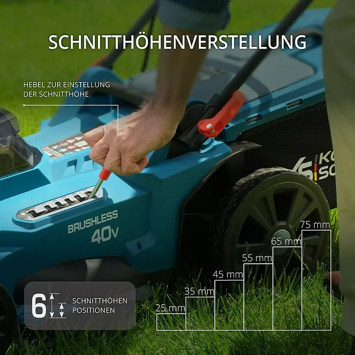 Könner & Söhnen Akku-Rasenmäher KS 43LM - 40 V, Ohne Akku, Schnittbreite: 43 cm - Das Bild zeigt einen Rasenmäher mit einstellbarer Schnitthöhe, die von 25 mm bis 75 mm reicht, sowie den Hebel zur Einstellung der Schnitthöhe.