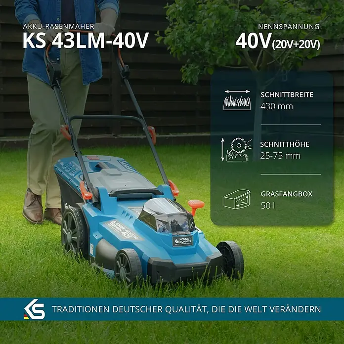 Könner & Söhnen Akku-Rasenmäher KS 43LM - 40 V, Ohne Akku, Schnittbreite: 43 cm - Akku-Rasenmäher KS 43LM-40V mit 40V Nennspannung und einer Schnittbreite von 430mm, ideal für jeden Garten.
