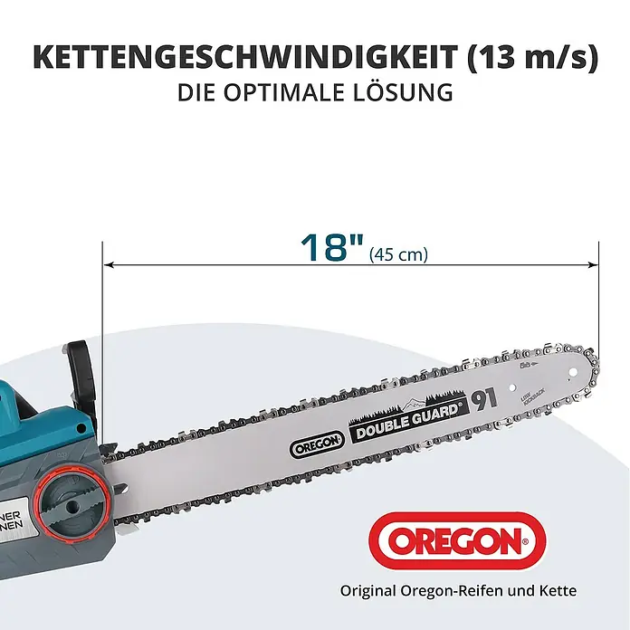 Könner & Söhnen Elektro-Kettensäge KS CS2400-18 - 2.400 W, Schwertlänge: 45 cm - Abbildung einer Kettensäge mit einer Kettengeschwindigkeit von 13 m/s und einer Schwertlänge von 45 cm, Marke Oregon.