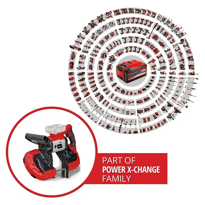 Einhell Power X-Change 18V Akku-Bandsäge TE-MB 18/127 Li-Solo - 18 V, Ohne Akku, Leerlaufdrehzahl: 240 U/min - Akku-Bandsäge im roten Design, Teil der Power X-Change Familie, ideal für kabelloses Sägen im Heimwerkerbereich.