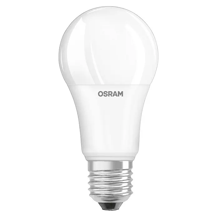 Osram Set de bombillas LED - E27, No regulable, Blanco cálido, 1.521 lm, 13 W, 3 ud. - Primer plano de una lámpara LED Osram con acabado mate, que proporciona una luz suave y difusa. Esta iluminación es eficiente.