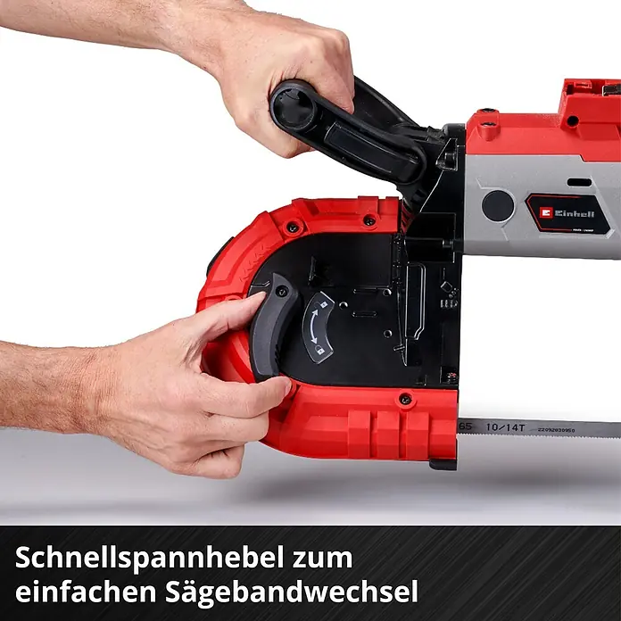 Einhell Power X-Change 18V Akku-Bandsäge TE-MB 18/127 Li-Solo - 18 V, Ohne Akku, Leerlaufdrehzahl: 240 U/min - Detailaufnahme der Einhell Akku-Bandsäge beim Sägebandwechsel. Der Schnellspannhebel ermöglicht einen einfachen Wechsel.