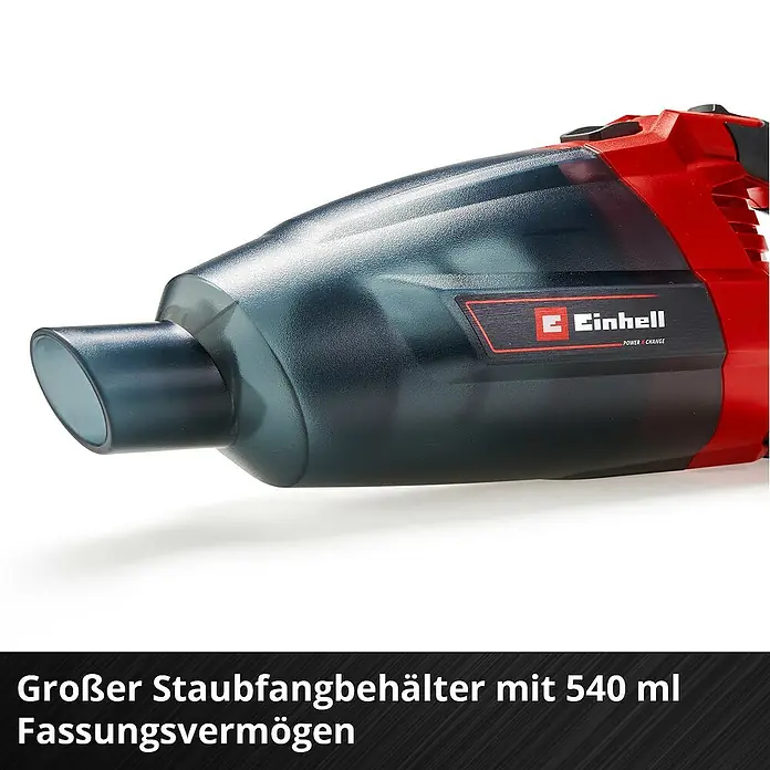 Einhell Power X-Change 18V Akku-Handstaubsauger TE-VC 18 Li-Solo - 18 V, Ohne Akku - Abbildung eines Einhell Akku-Handsaugers mit großem Staubfangbehälter.