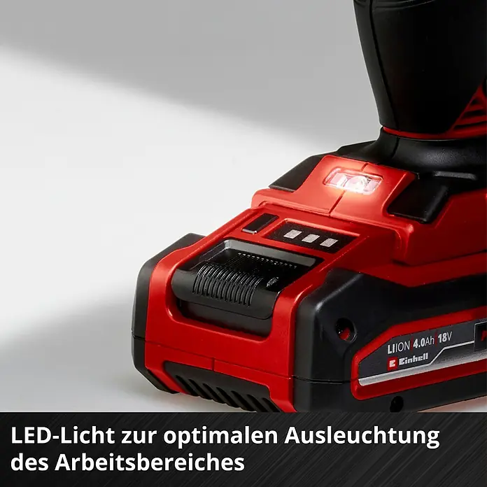 Einhell Professional Power X-Change 18V Akku-Schlagbohrschrauber TE-CD 18 Li-i Brushless-Solo - 18 V, Ohne Akku, 60 Nm - Nahaufnahme eines Einhell Akku-Bohrschraubers mit LED-Licht zur optimalen Ausleuchtung dunkler Arbeitsbereiche.