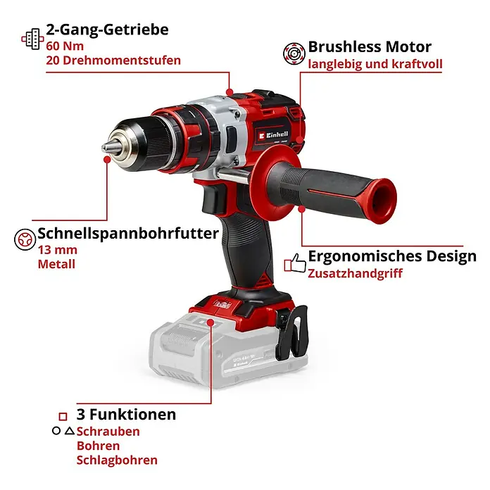 Einhell Professional Power X-Change 18V Akku-Schlagbohrschrauber TE-CD 18 Li-i Brushless-Solo - 18 V, Ohne Akku, 60 Nm - Abbildung eines Einhell Akku-Schlagschraubers mit 2-Gang-Getriebe, bürstenlosem Motor, Schnellspannbohrfutter, ergonomischem Design und Zusatzhandgriff.