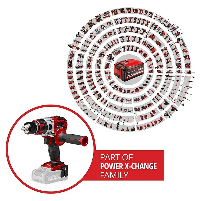 Einhell Professional Power X-Change 18V Akku-Schlagbohrschrauber TE-CD 18 Li-i Brushless-Solo - 18 V, Ohne Akku, 60 Nm - Abbildung eines Einhell Akku-Bohrschraubers, Teil der Power X-Change Familie, umgeben von anderen Werkzeugen.