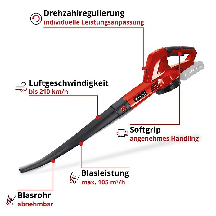 Einhell Power X-Change Akku-Laubbläser GE-CL 18 Li E-Solo (18 V, Li-Ionen, Ohne Akku, Blasgeschwindigkeit: 210 km/h)