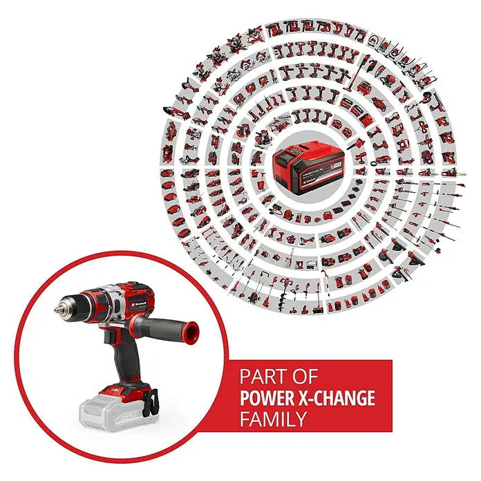 Einhell Power X-Change 18V Akku-Bohrschrauber TE-CD 18 Li Brushless-Solo - 18 V, Ohne Akku - Akku-Bohrschrauber von Einhell, Teil der Power X-Change Familie, umgeben von anderen Werkzeugen des Systems. Flexibles und leistungsstarkes Werkzeug.