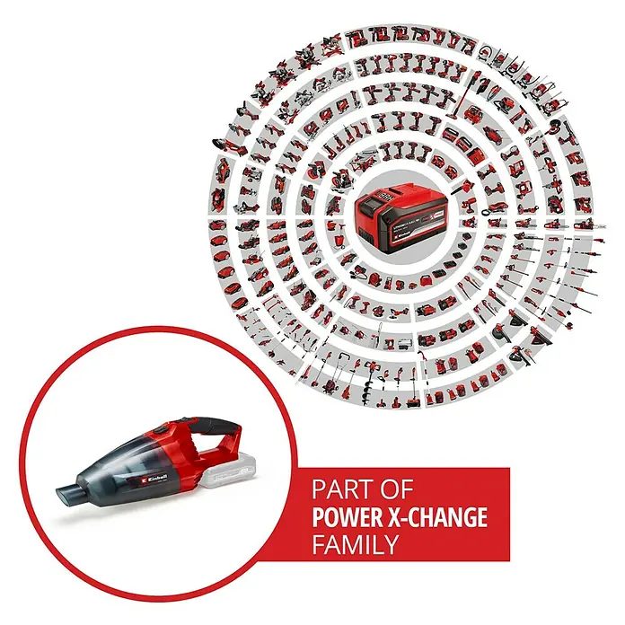 Einhell Power X-Change 18V Akku-Handstaubsauger TE-VC 18 Li-Solo - 18 V, Ohne Akku - Bild von einem Einhell Akku-Handsauger, Teil der Power X-Change Familie, mit Zubehör.