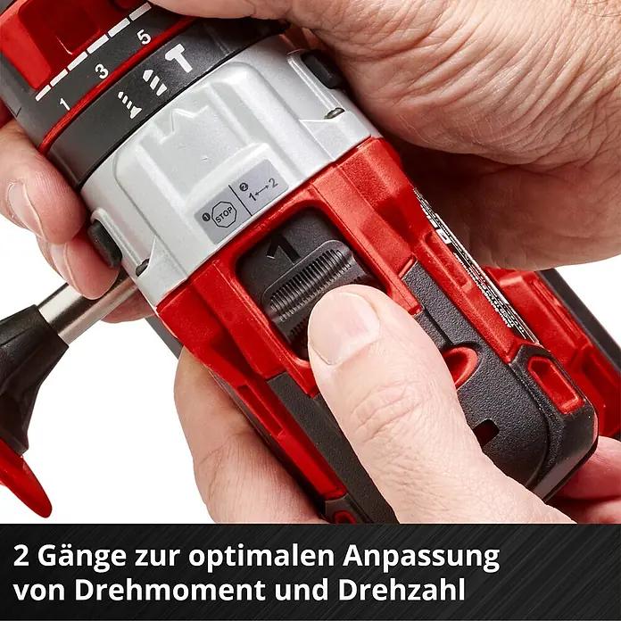 Einhell Professional Power X-Change 18V Akku-Schlagbohrschrauber TE-CD 18 Li-i Brushless-Solo - 18 V, Ohne Akku, 60 Nm - Nahaufnahme eines Akku-Bohrschraubers mit verschiedenen Drehmomenteinstellungen, die für optimale Anpassung sorgen.