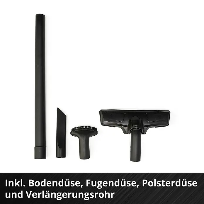 Einhell Power X-Change 18V Akku-Handstaubsauger TE-VC 18 Li-Solo - 18 V, Ohne Akku - Verschiedene Staubsaugerdüsen und ein Verlängerungsrohr. Boden-, Fugen- und Polsterdüse sowie ein Rohr sind enthalten.