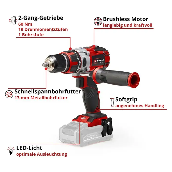 Einhell Power X-Change 18V Akku-Bohrschrauber TE-CD 18 Li Brushless-Solo - 18 V, Ohne Akku - Abbildung eines Einhell Akku-Schlagschraubers mit detaillierten Beschreibungen seiner Funktionen wie Getriebe, Motor, Bohrfutter und LED-Licht.