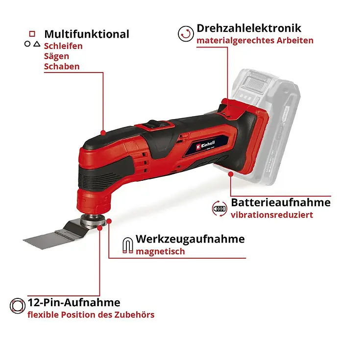 Einhell Power X-Change 18V Akku-Multifunktionswerkzeug TC-MG 18 Li-Solo - 18 V, Ohne Akku - Multifunktionswerkzeug Einhell mit 12-Pin-Aufnahme für flexibles Zubehör, ideal zum Schleifen, Sägen und Schaben.