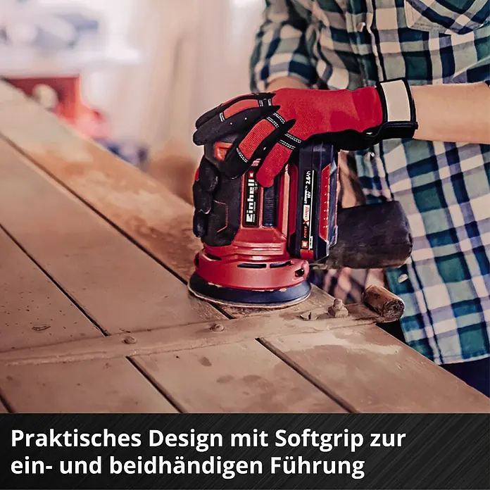 Einhell Power X-Change 18V Akku-Exzenterschleifer TE-RS 18 Li-Solo - 18 V, Ohne Akku, Durchmesser Schleifteller: 125 mm - Akku-Exzenterschleifer von Einhell in Aktion, ideal für ein- und beidhändige Führung mit Softgrip.