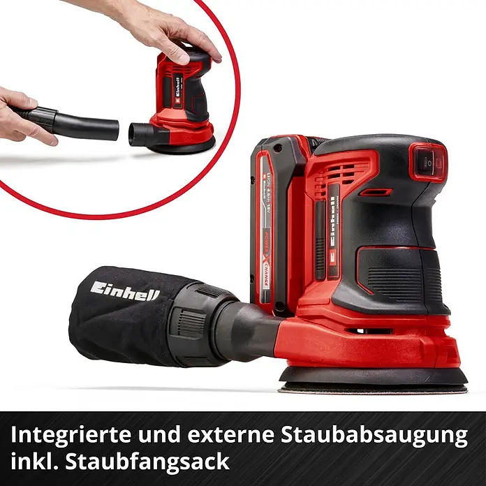 Einhell Power X-Change 18V Akku-Exzenterschleifer TE-RS 18 Li-Solo - 18 V, Ohne Akku, Durchmesser Schleifteller: 125 mm - Akku-Exzenterschleifer von Einhell mit integrierter und externer Staubabsaugung, inklusive Staubfangsack für sauberes Arbeiten.