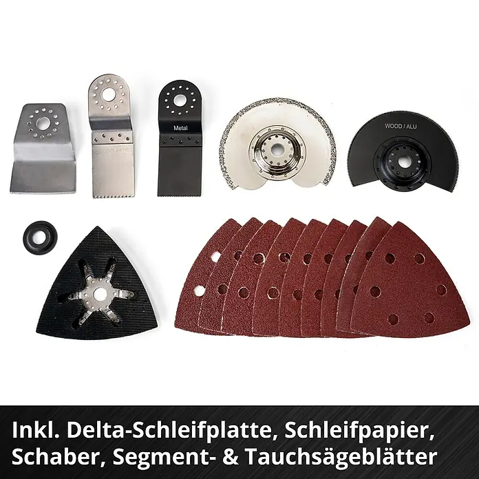 Einhell Power X-Change 18V Akku-Multifunktionswerkzeug Varrito - 18 V, Ohne Akku - Das Bild zeigt ein Set mit verschiedenen Werkzeugaufsätzen, darunter Schleifpapier, Schaber und Sägeblätter.