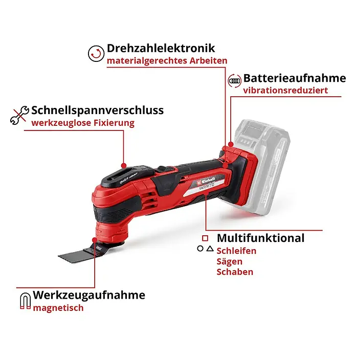 Einhell Power X-Change 18V Akku-Multifunktionswerkzeug Varrito - 18 V, Ohne Akku - Das Einhell VARRITO Akku-Multifunktionswerkzeug mit Drehzahlelektronik, Schnellspannverschluss und magnetischer Werkzeugaufnahme für vielfältige Anwendungen.