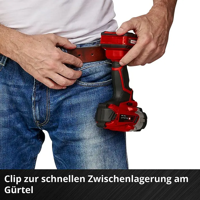 Einhell Power X-Change 18V Akku-Schlagschrauber TE-CI 18/1 Li - 18 V, Ohne Akku - Einhand-Akku-Lampe mit Clip zur schnellen Zwischenlagerung am Gürtel. Kompakt, rot/schwarz und einfach zu befestigen.
